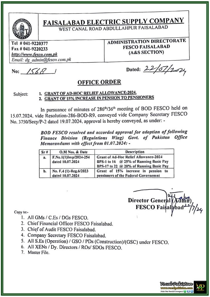 Fesco Announces Adhoc Relief Allowance And Pension Increase